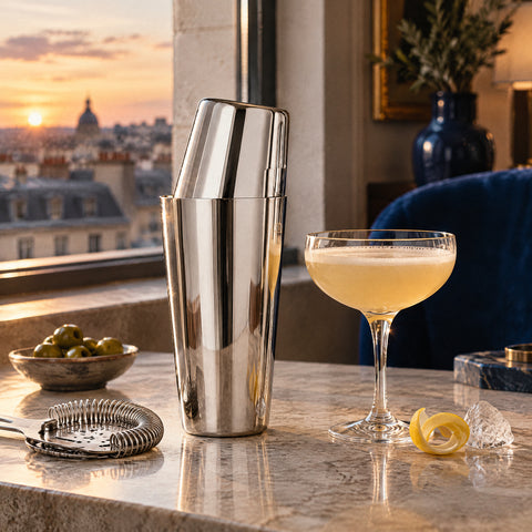 Le shaker Boston Paume fermé et debout près d'une coupe de cocktail doré trouble, passoire Hawthorne et zeste de citron