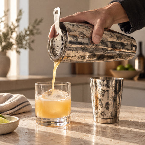 Main versant un cocktail orangé du shaker Palmeraie par une passoire dans un verre bas à gros glaçon, petit gobelet à côté