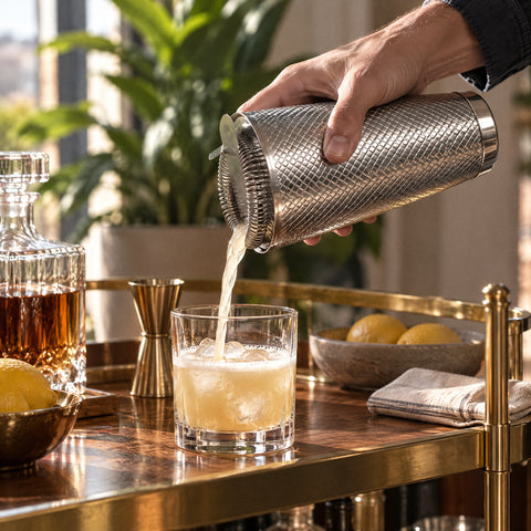 Main de barman inclinant le shaker inox Losange, whisky sour doré versé à travers une passoire à ressort dans un tumbler