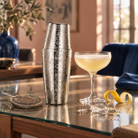 Shaker Boston Arabesque fermé près d'une coupe de sour jaune pâle, passoire Hawthorne à plat et zeste de citron en spirale