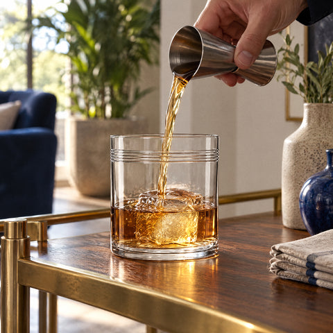Whisky ambré versé d'un doseur en inox dans le tumbler à filets gravés Frise avec un gros glaçon, sur une desserte en noyer