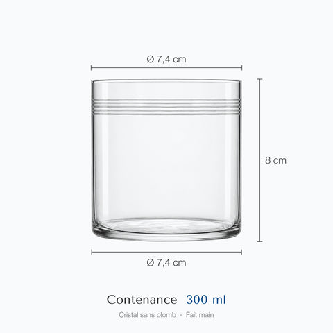 Tumbler à filets gravés Frise : hauteur 8 cm, diamètre 7,4 cm en haut et 7,4 cm à la base, contenance 30 cl