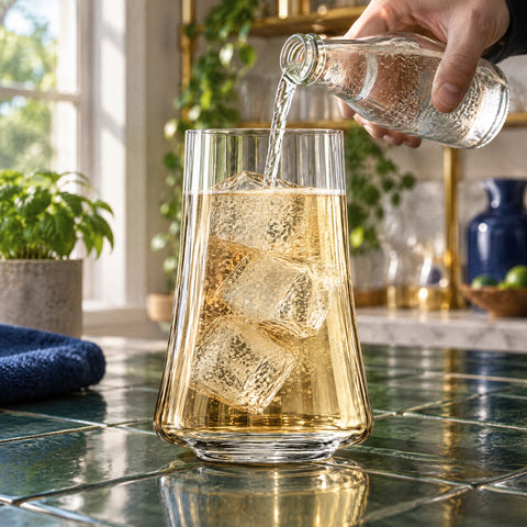 Main versant du soda sur whisky et glaçons dans le tumbler highball Falaise, comptoir carrelé vert foncé, étagères en laiton