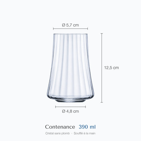 Tumbler highball Falaise coté : hauteur 12,5 cm, diamètre 5,7 cm en haut et 4,8 cm à la base, contenance 39 cl