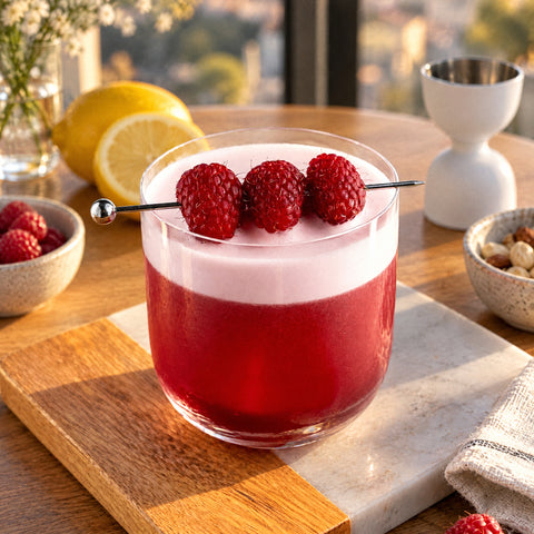 Tumbler old fashioned Quartz, cocktail rouge à mousse pâle et framboises sur une pique, citrons et serviettes en lin
