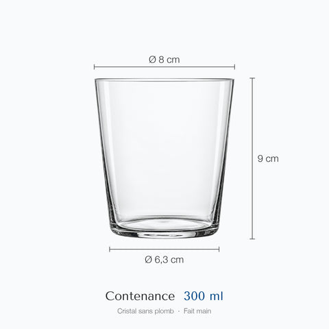 Cotes du verre à whisky Versant : hauteur 9 cm, diamètre 8 cm en haut et 6,3 cm à la base, contenance 30 cl