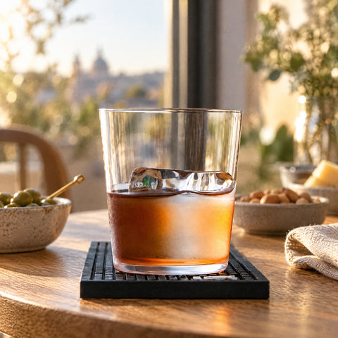 Verre à whisky Versant embué, glaçon fondant dans le liquide ambré, sur une table en chêne dressée pour l'apéritif
