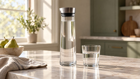 Carafe d'eau en verre Verasco et verre à eau sur le même îlot en marbre