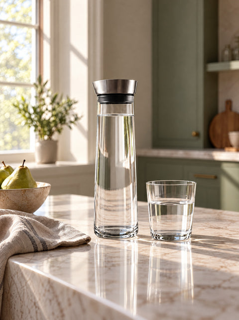 Carafe d'eau en verre Verasco et verre à eau sur le même îlot en marbre