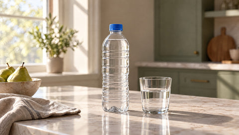 Bouteille d'eau en plastique et verre à eau sur un îlot en marbre