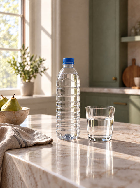 Bouteille d'eau en plastique et verre à eau sur un îlot en marbre