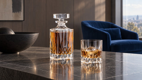 Carafe à whisky en cristal Verasco et verre assorti sur la même pierre sombre polie, salon moderne