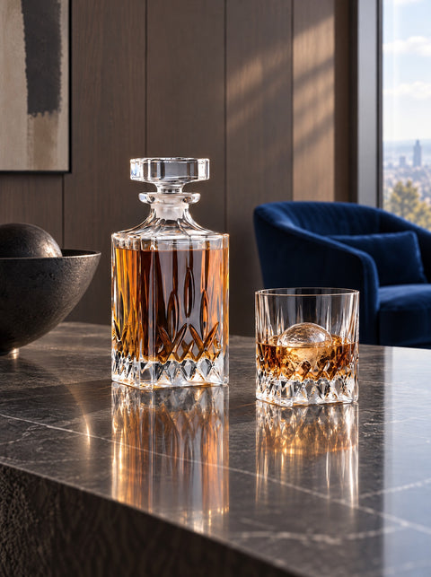 Carafe à whisky en cristal Verasco et verre assorti sur la même pierre sombre polie, salon moderne