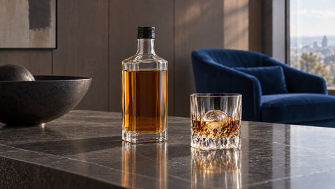 Bouteille de whisky sans étiquette et verre à whisky sur une pierre sombre polie, salon moderne, fauteuil bleu