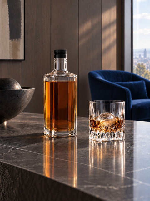 Bouteille de whisky sans étiquette et verre à whisky sur une pierre sombre polie, salon moderne, fauteuil bleu