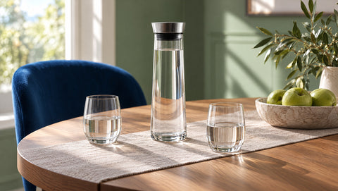 Carafe d'eau en verre Verasco et verres à eau sur une table ronde en chêne, fauteuil bleu roi, lumière du jour