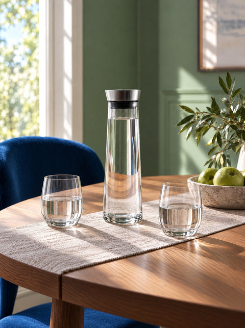 Carafe d'eau en verre Verasco et verres à eau sur une table ronde en chêne, fauteuil bleu roi, lumière du jour