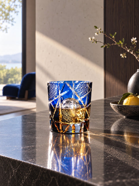 Verre à whisky Edo Kiriko Verasco en cristal taillé bleu et ambre sur un comptoir en basalte, intérieur japonais moderne, fauteuil bleu