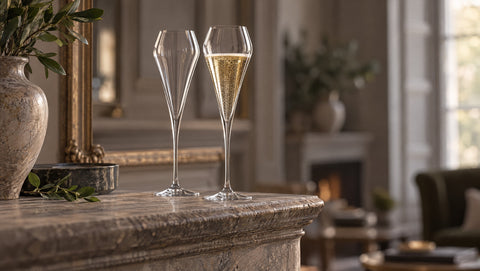 Deux flûtes à champagne Verasco en cristal sur un manteau de cheminée en pierre, grand salon ancien en flou d'arrière-plan
