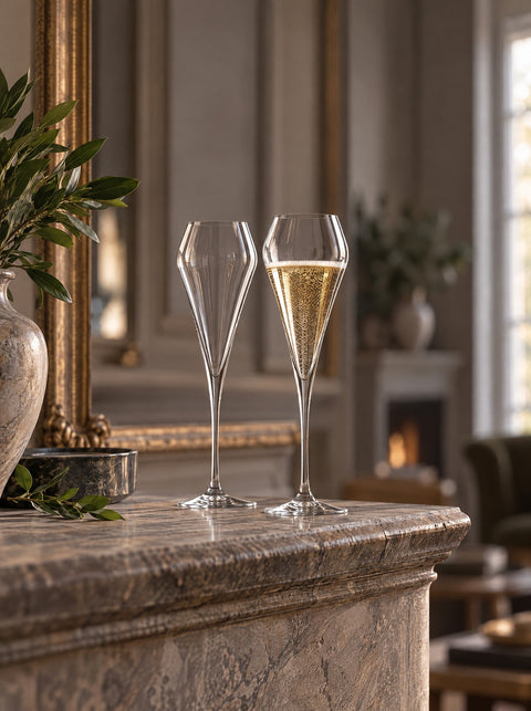 Deux flûtes à champagne Verasco en cristal sur un manteau de cheminée en pierre, grand salon ancien en flou d'arrière-plan