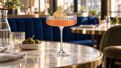 Coupe à cocktail Verasco en cristal sur une table de brasserie en marbre et laiton, banquette bleu roi