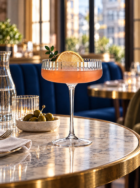 Coupe à cocktail Verasco en cristal sur une table de brasserie en marbre et laiton, banquette bleu roi