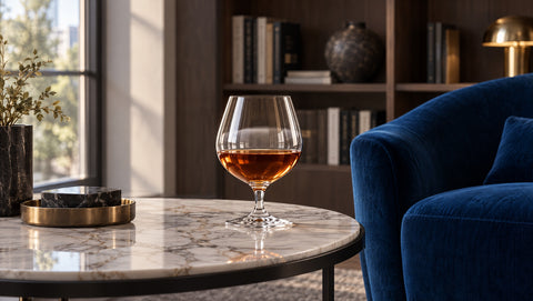 Verre à cognac Verasco en cristal sur une table en marbre, bibliothèque moderne, fauteuil bleu roi