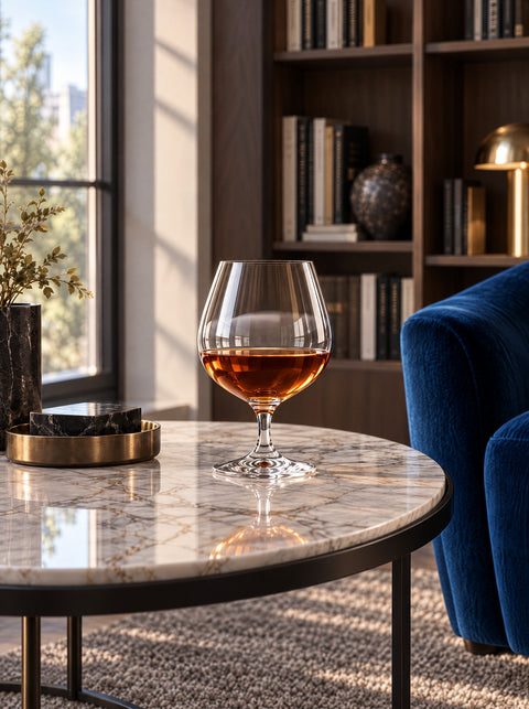 Verre à cognac Verasco en cristal sur une table en marbre, bibliothèque moderne, fauteuil bleu roi