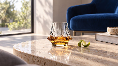 Verre à rhum Verasco en cristal à base facettée sur une table basse en travertin, canapé bleu roi, salon moderne