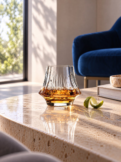 Verre à rhum Verasco en cristal à base facettée sur une table basse en travertin, canapé bleu roi, salon moderne