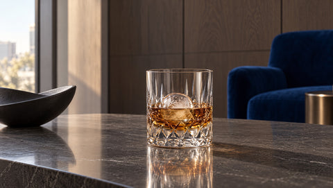 Verre à whisky Verasco en cristal taillé avec sphère de glace sur une pierre sombre polie, salon moderne, fauteuils bleu roi
