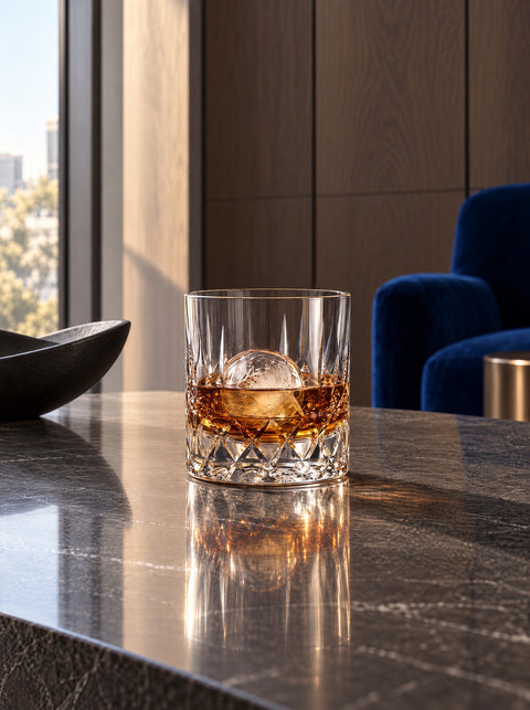 Verre à whisky Verasco en cristal taillé avec sphère de glace sur une pierre sombre polie, salon moderne, fauteuils bleu roi
