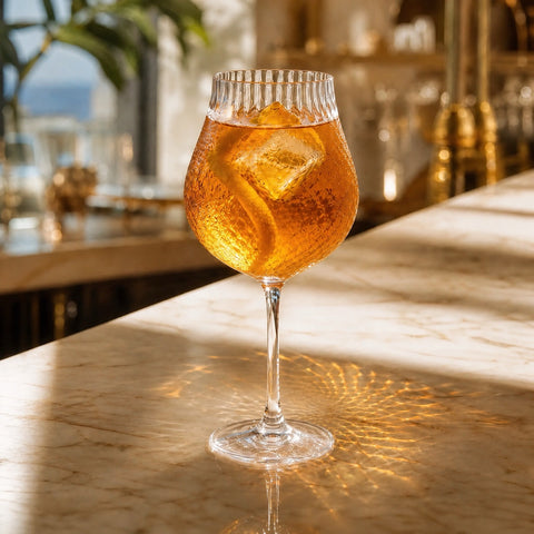 Verre à cocktail : Verre à cocktail en cristal Verasco avec spritz orangé glacé sur un bar en marbre baigné de lumière, ambiance bar italien ensoleillé