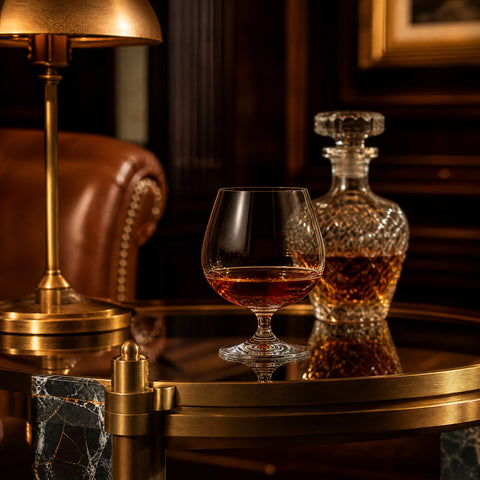 Verre à Cognac collection | Verre à cognac en cristal Verasco et cognac ambré sur une table Art déco en verre et laiton, carafe en cristal, ambiance club feutrée