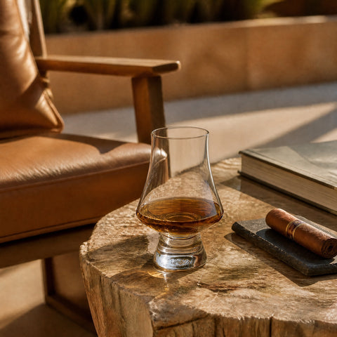 Verre à rhum : Verre à rhum en cristal Verasco rempli de rhum ambré sur une table en bois pétrifié, fauteuil en cuir et cigare, terrasse ensoleillée