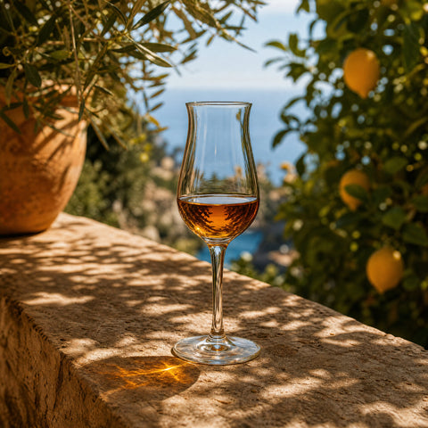 Verre à rhum collection | Verre à rhum en cristal Verasco rempli de rhum ambré sur un muret en pierre d'un jardin méditerranéen, oliviers, citronnier et vue sur la mer