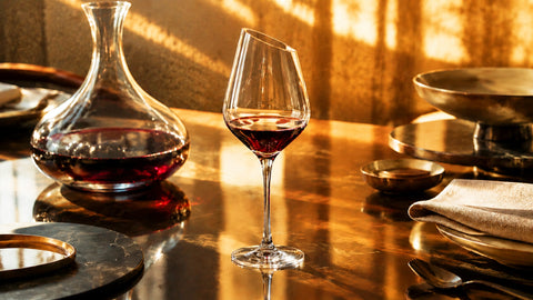 Verre à vin en cristal Verasco avec vin rouge et carafe sur table en bois, verre à vin blanc