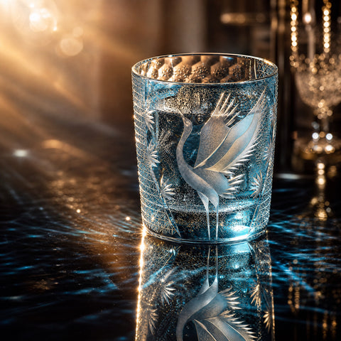 Edo Kiriko : Verre Edo Kiriko Verasco, verre à whisky japonais en cristal taillé bleu gravé d'une grue, verre japonais artisanal aux reflets dorés