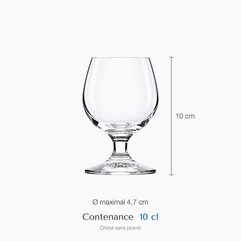 Dimensions : Verre Cognac 10 cl (hauteur 10 cm, diamètre 4,7 cm, contenance 10 cl)