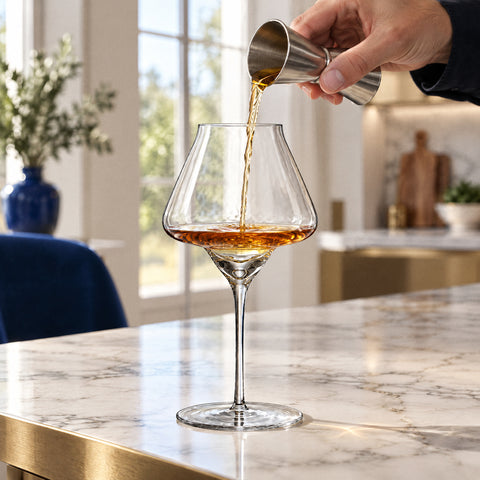 Main versant un whisky ambré d'un doseur en inox dans le verre à armagnac Ombelle, îlot en marbre blanc bordé de laiton