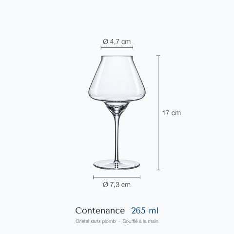 Verre à armagnac Ombelle coté : hauteur 17 cm, diamètre du haut 4,7 cm, de la base 7,3 cm, contenance 26,5 cl