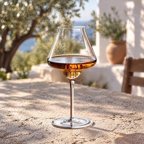Verre à armagnac Ombelle rempli d'alcool rouge ambré jusqu'à l'épaule, terrasse méditerranéenne et oliviers