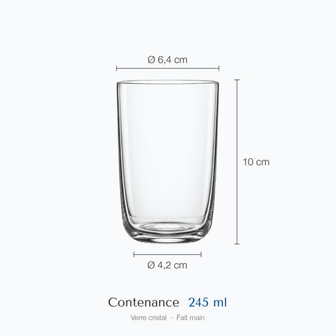 Cotes du verre à bière Cueillage : hauteur 10 cm, diamètre 6,4 cm en haut et 4,2 cm à la base, contenance 24,5 cl