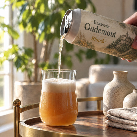 Main versant une bière dorée trouble depuis une canette étiquetée dans le verre à bière tulipe Cintré, table en marbre blanc