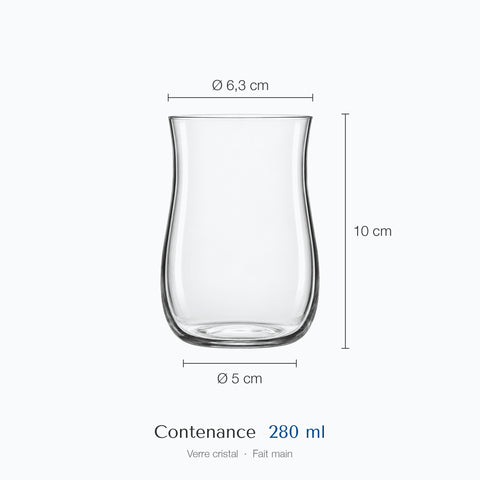 Verre à bière tulipe Cintré coté : hauteur 10 cm, diamètre du haut 6,3 cm, diamètre de la base 5 cm, contenance 28 cl