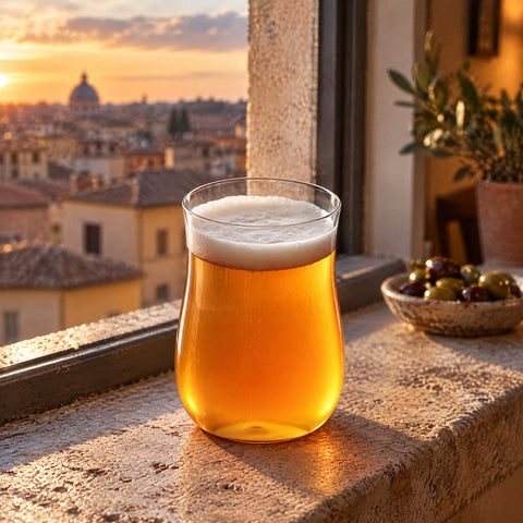 Verre à bière tulipe Cintré rempli de bière dorée à mousse blanche, rebord de fenêtre en pierre face aux toits
