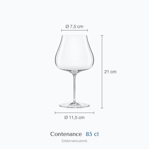 Dimensions : Verre à Vin Bourgogne (hauteur 21 cm, diamètre 11,5 cm, contenance 85 cl)