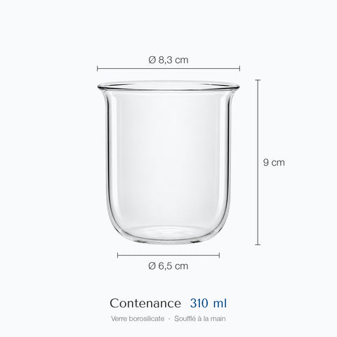 Verre à café Silice coté sur fond blanc, hauteur 9 cm, diamètre 8,3 cm en haut et 6,5 cm à la base, contenance 31 cl