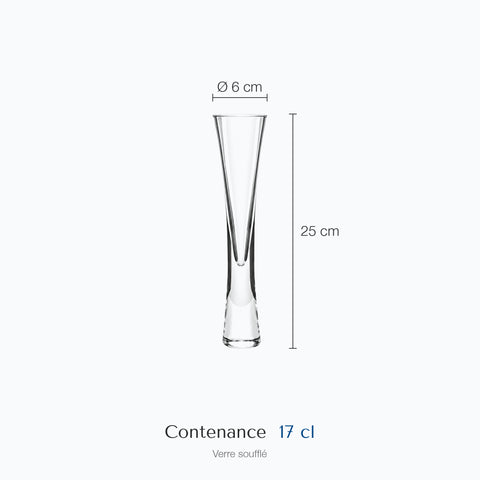 Dimensions : Verre à Champagne Sans Pied (hauteur 25 cm, diamètre 6 cm, contenance 17 cl)