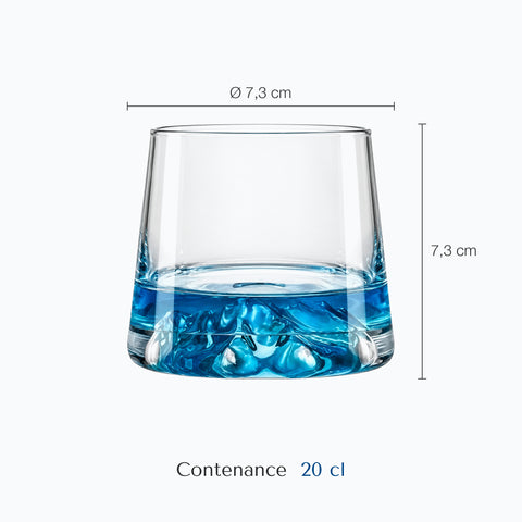 Dimensions : Verre à Cocktail Bleu (hauteur 7,3 cm, diamètre 7,3 cm, contenance 20 cl)